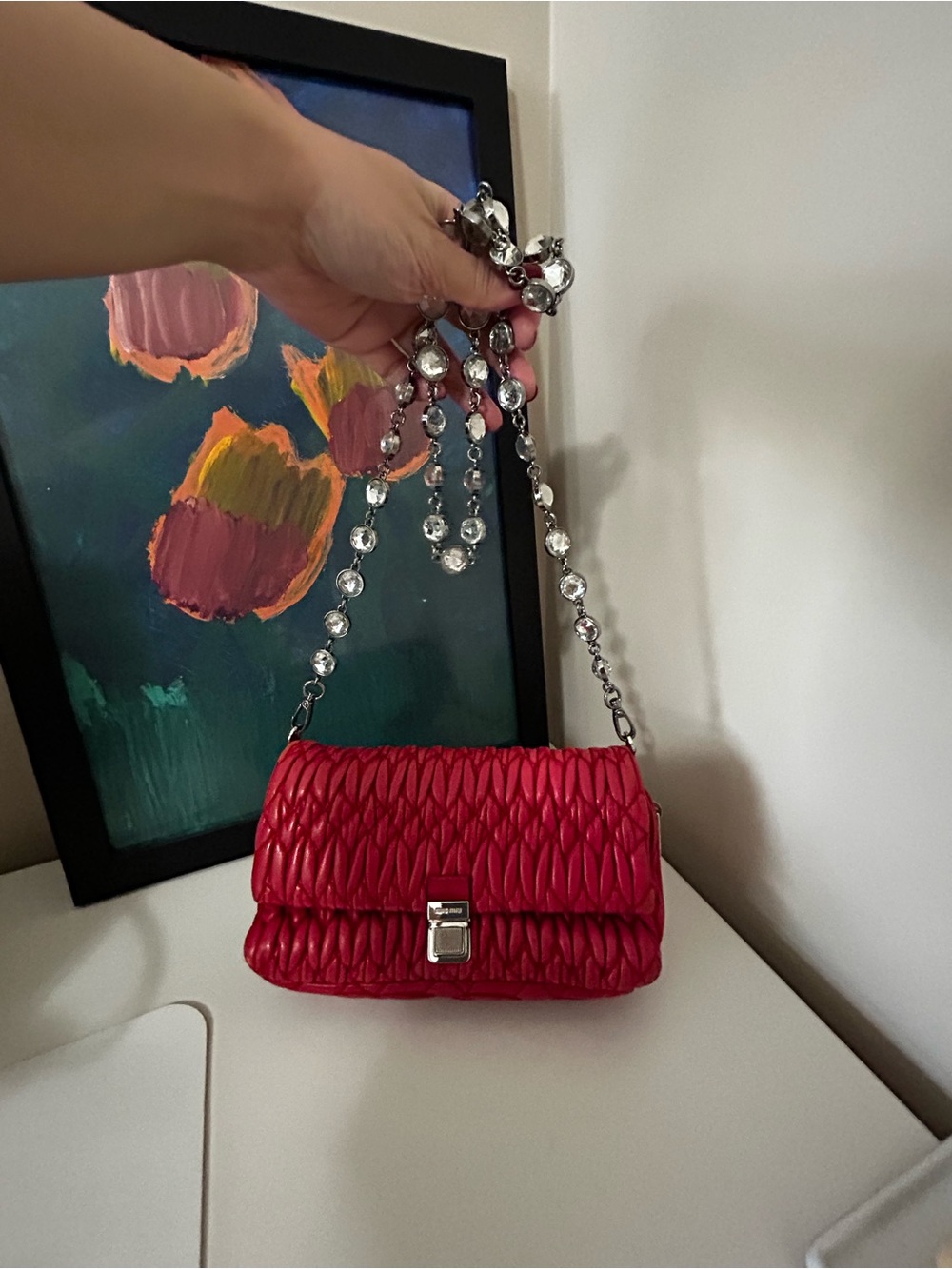 Miu Miu Red Quilted Shoulder Bag with Crystal-Link Chain